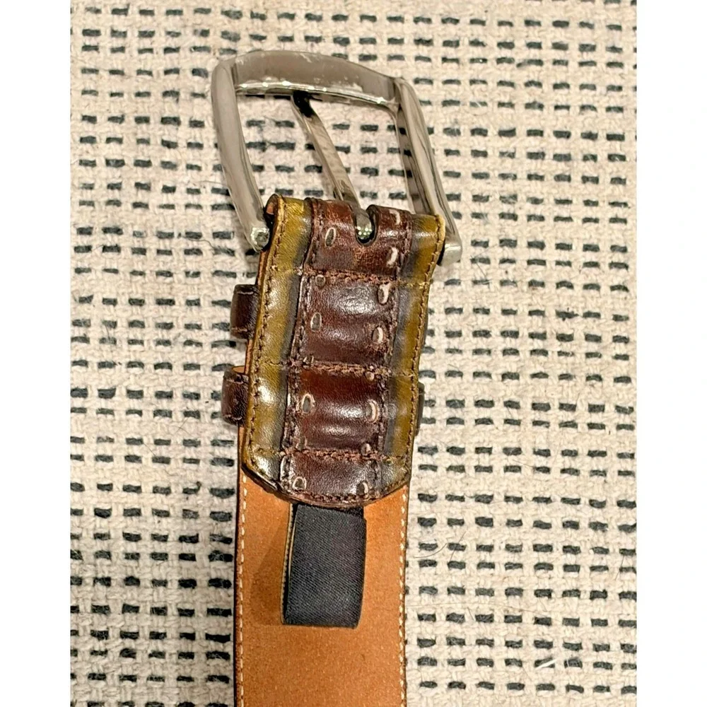 Mezlan Brown Green Leather Croc Embossed Belt Size 44 Made in Spain Men's M